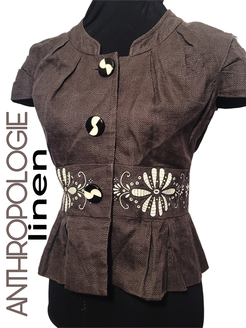 Anthropologie Elvenses Brand Brown LinenPeplum Jacket with Embroidered Waist